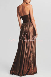 Metallic Pleated Off-Shoulder Maxi Dress with Thigh-High Slit