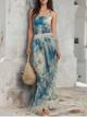 Boho Chiffon Fringe Trim Maxi Dress with Artistic Print