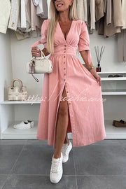Denim Midi Dress V-Neck Button-Down Half Sleeve Loose Fit
