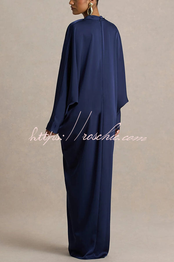 Satin Plunge V-Neck Maxi Dress with Gold Trim & Batwing Sleeves
