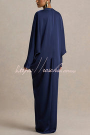 Satin Plunge V-Neck Maxi Dress with Gold Trim & Batwing Sleeves