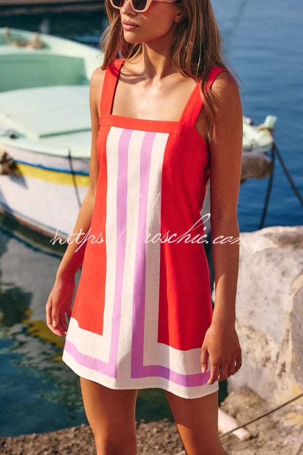 Linen Blend Square Neck Loose Mini Dress with Contrast Lines