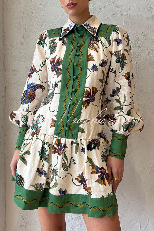Printed Balloon Sleeve Mini Dress – Loose Fit Casual