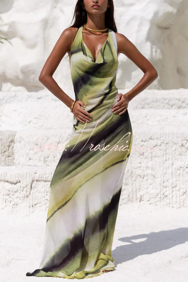 Printed Cowl Neck Halter Maxi Dress – Vacation Loose Fit