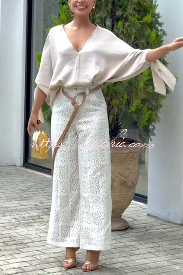 Linen Blend V-Neck Loose Top with Knotted Cuff Half Sleeves
