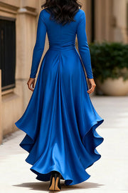 Satin V-Neck Long Sleeve Ruffled Maxi Dress