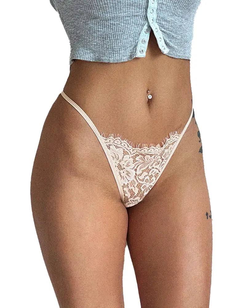 Eyelash Lace Floral Bow Thong Panties – Sheer Strappy