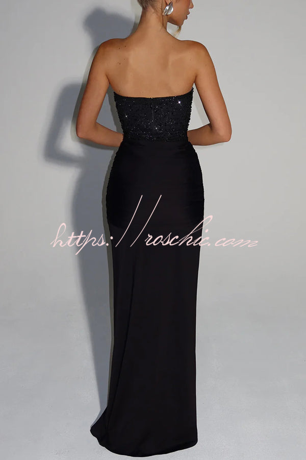 Sequined Satin Jersey Off-Shoulder Ruched Maxi Dress