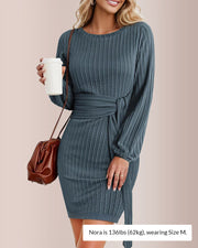 Knit Bodycon Dress with Lantern Sleeves & Ruching