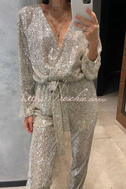 Sequin Long Sleeve Belted Wrap Jumpsuit – Loose Fit