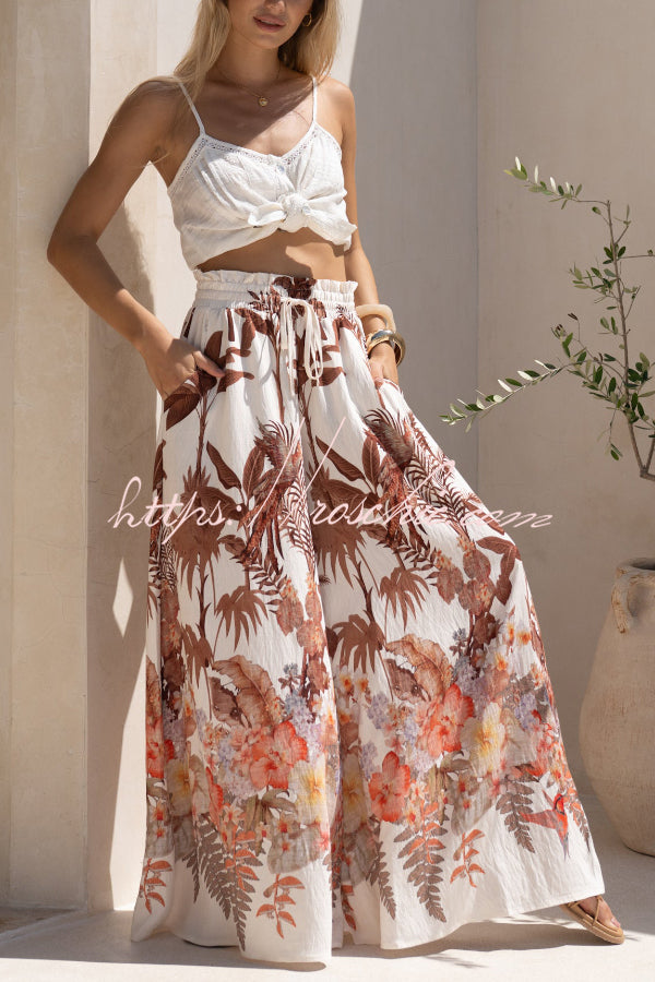 Pantalon large à imprimé feuilles avec taille élastique et poches