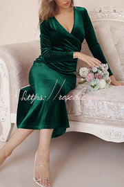Velvet Long Sleeve V-Neck Fishtail Maxi Dress – Slim Fit