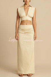 Cotton Twill V-Neck Crop Top with Plunging Neckline