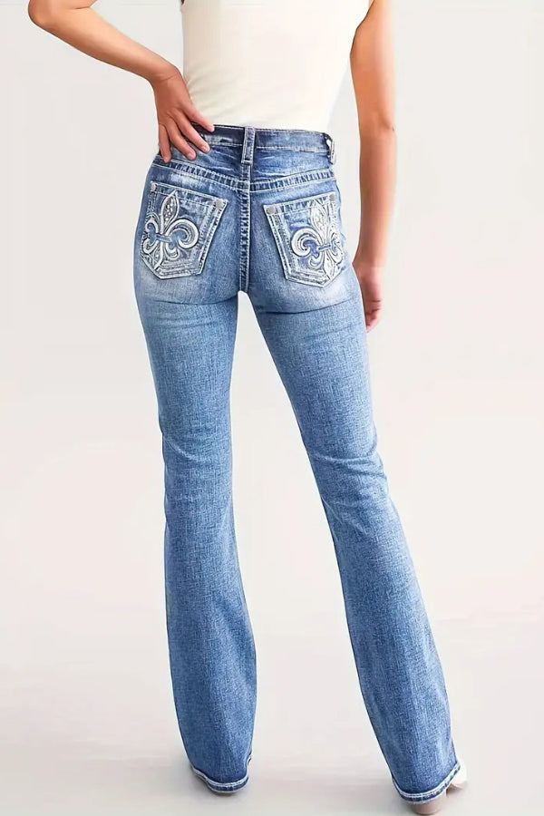 Jean stretch taille haute brodé avec double bouton