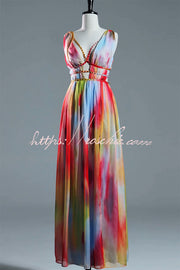 Tie-Dye Print Strapless Maxi Dress with Chain Detail & Slit