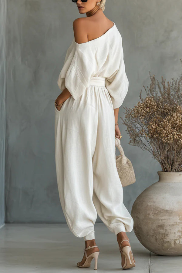Off-Shoulder Wide-Leg Pants Set with Pockets – Loose Fit