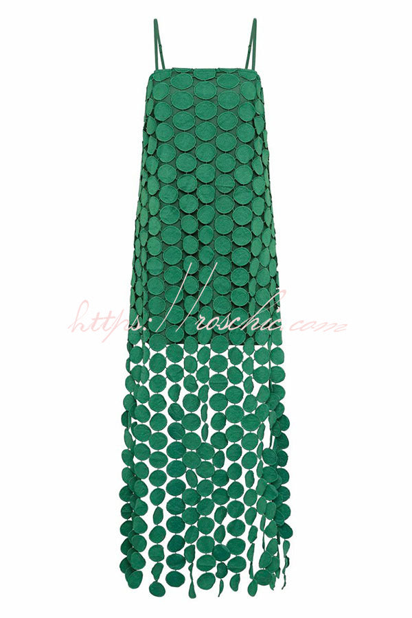 Embroidered Polka Dot Square Neck Tassel Hem Slip Maxi Dress