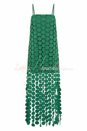 Embroidered Polka Dot Square Neck Tassel Hem Slip Maxi Dress