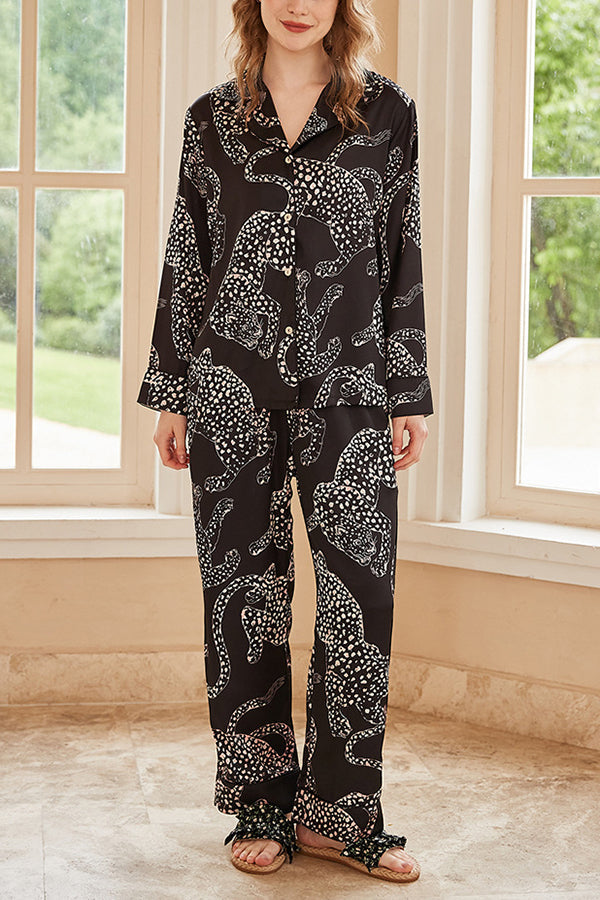 Black Jaguar Print Long Sleeve Two-Piece Lounge Set