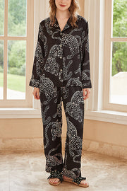 Black Jaguar Print Long Sleeve Two-Piece Lounge Set