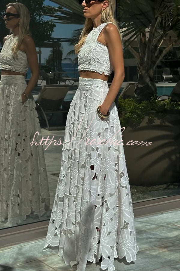 Floral Embroidery Crochet Lace Crop Tank Top, Loose Fit