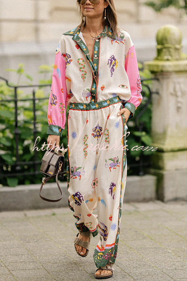 Linen Blend Printed Loose Blouse and Pants Set with Pockets