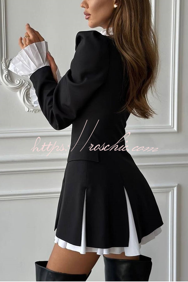 Ruffled Patchwork Blazer Mini Dress – Long Sleeve Shirt Collar