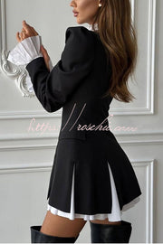 Ruffled Patchwork Blazer Mini Dress – Long Sleeve Shirt Collar