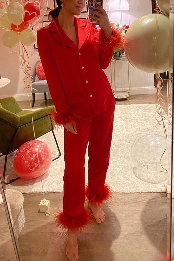 Feather Trim Lapel Two-Piece Pant Suit | Solid Color
