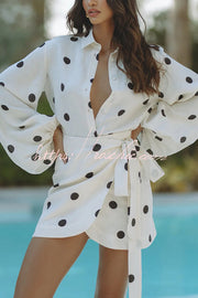 Linen Blend Polka Dot Balloon Sleeve Blouse & Mini Skirt Set