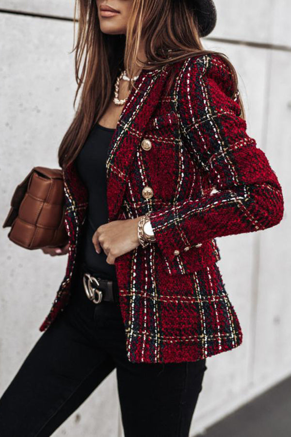 Double Breasted Plaid Blazer – Loose Fit Casual Jacket
