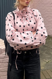 Polka Dot Loose Jacket with Stand Collar & Bow Tie Detail