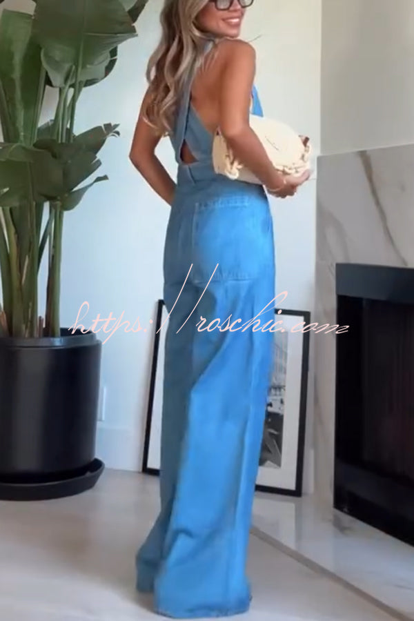 Combinaison en jean avec corsage gilet, dos croisé et poches