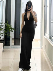 Women's Solid Color Backless Halter Neck Slip Dress, Plain Sleeveless Tie-back Lace-up Bodycon Long Dress, Birthday Party Club Date Evening Formal Wear Gown Maxi Dress, Ladies Summer Clothes