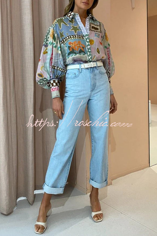 Printed Balloon Sleeve Loose Button Shirt | Vacation Top