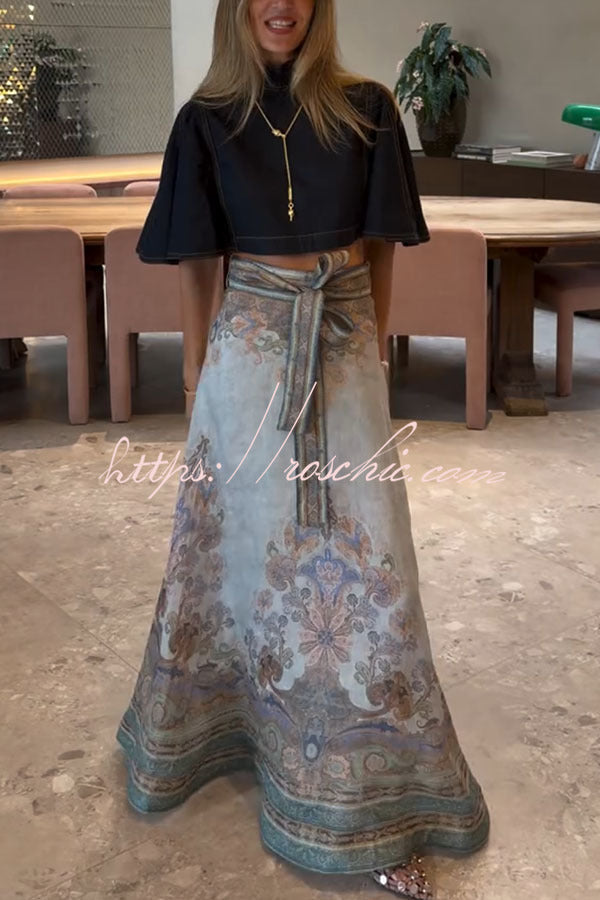 Linen Blend Paisley Maxi Skirt High Rise Tie Waist Vacation