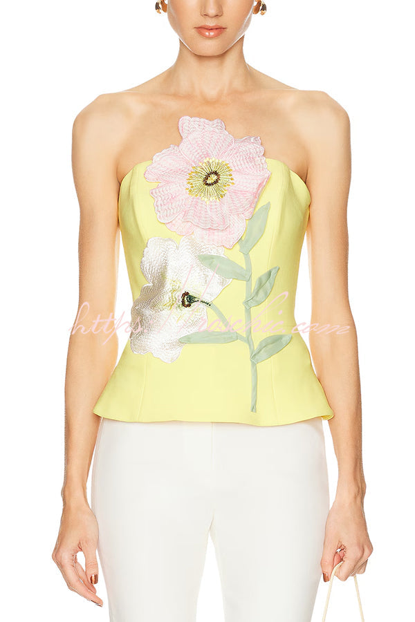 Floral Appliqué Off Shoulder Tank Top – Waist Length