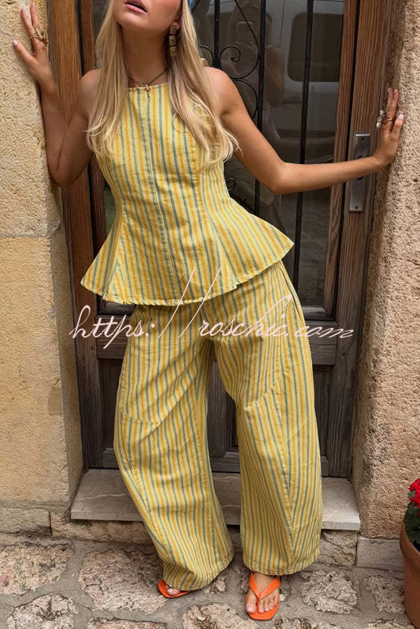 Striped Peplum Top and Wide Leg Pants Set with Pockets