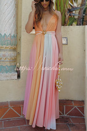 Chiffon Ombré Print Belted Vacation Maxi Dress