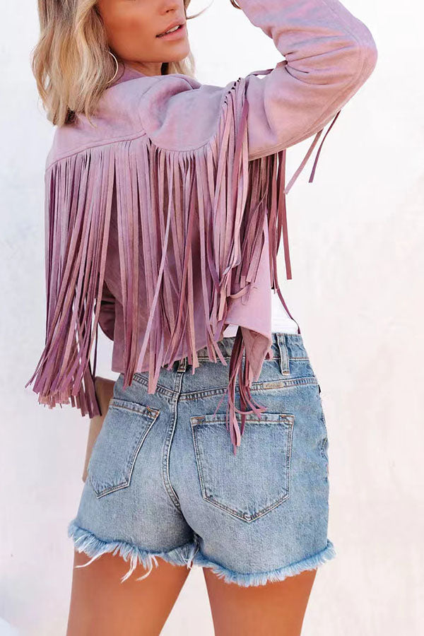 Cropped Faux Suede Jacket with Fringe Detail