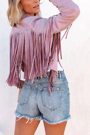 Cropped Faux Suede Jacket with Fringe Detail