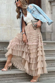 Tiered Tulle Maxi Skirt with Elastic Waist – Loose Fit