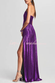 Metallic Pleated Off-Shoulder Maxi Dress with Thigh-High Slit