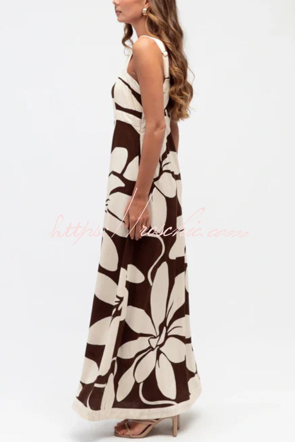 Color-Block Floral Print Square Neck Sleeveless Maxi Dress