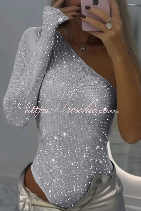 Sequined One-Shoulder Slim-Fit Romper for Party Wear