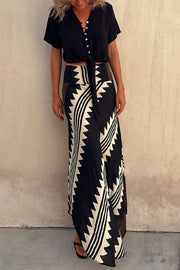 Satin Geometric Print Maxi Skirt with Elastic Waist