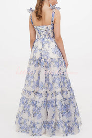 Organza Floral Print Sweetheart Maxi Dress – Sleeveless