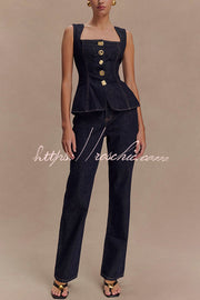 Denim Square Neck Sleeveless Button-Up Vest Top