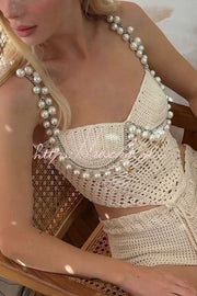 Crochet Knit Pearl Trim Sweetheart Crop Tank Top