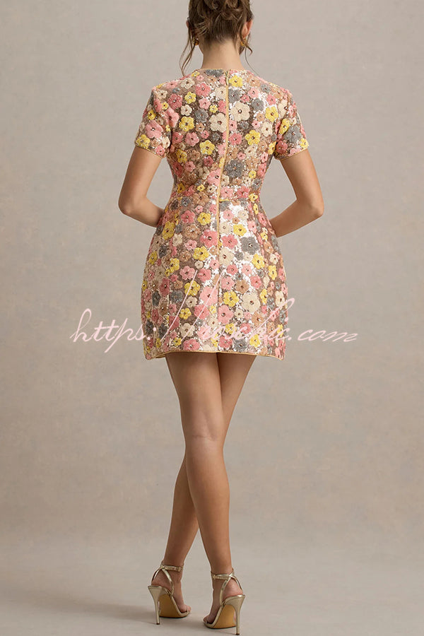 Floral Sequin Mini Dress | 80s-Inspired Short Sleeve Party Dress
